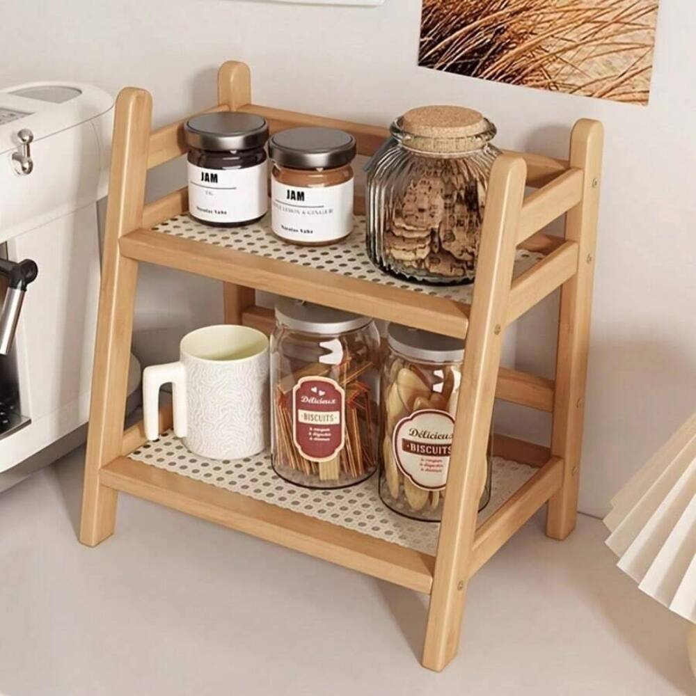 Coffee Equipment Rack - ชั้นวางของบนเคาน์เตอร์ไม้ไผ่ 2 ชั้น, ชั้นวางของบนโต๊ะไม้, ชั้นวางโชว์แก้วกาแฟและเครื่องปรุงสำหรับบาร์กาแฟในครัว